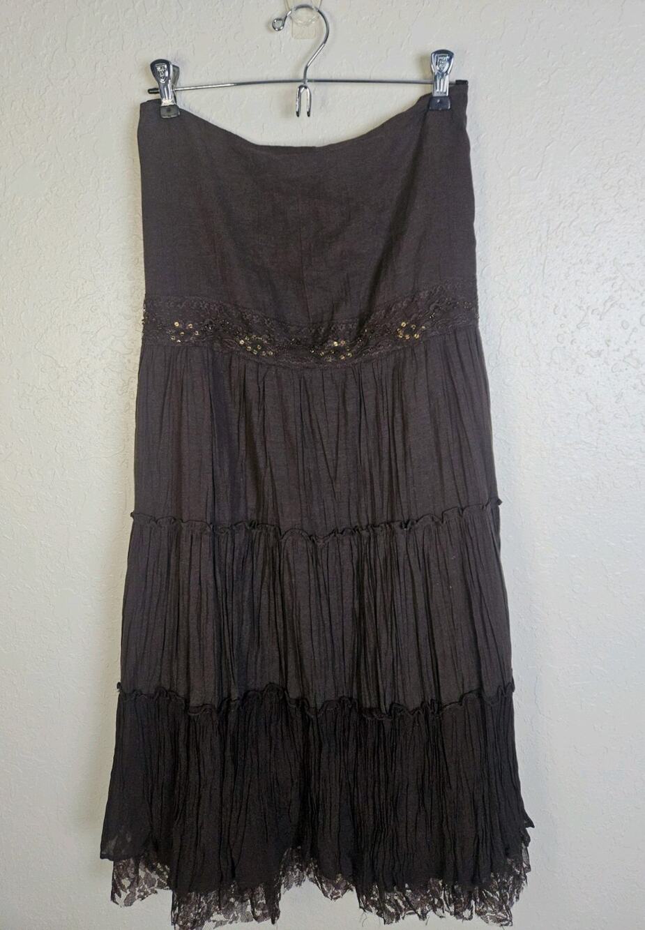 Y2K Boho Brown Vintage Newport News Embellished Tiered Maxi Skirt Size 16W.